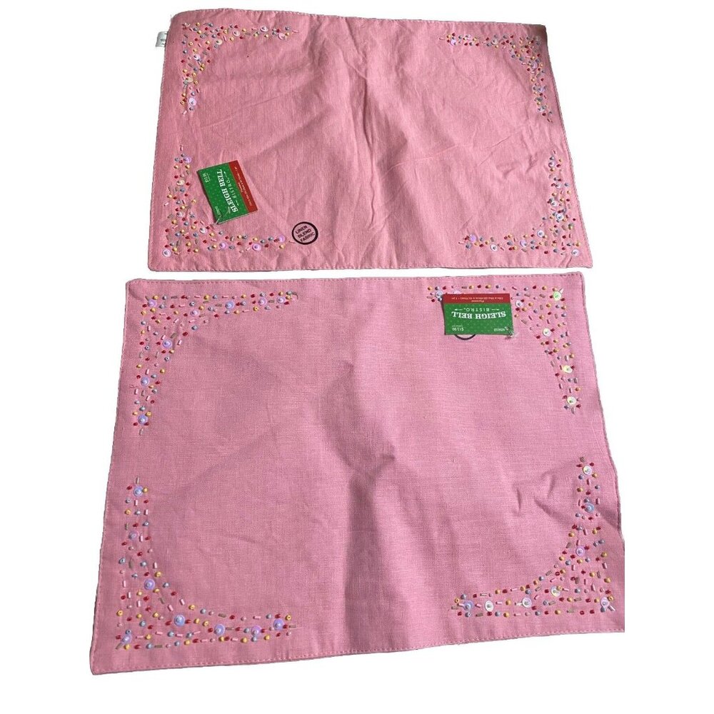 Sleigh Bell Bistro Pink Linen Blend Rainbow Beaded Placemats 13” X 18” (2 Piece)